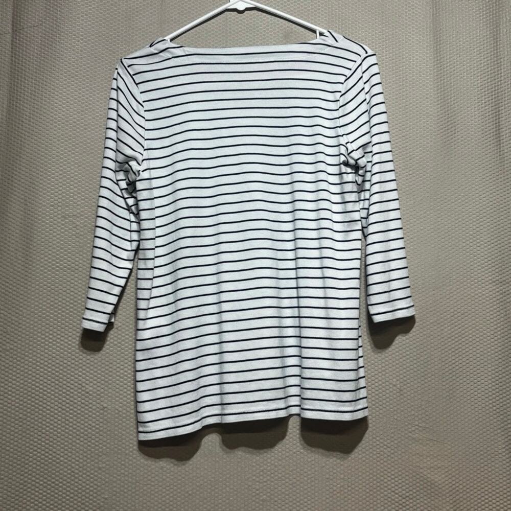 J.Jill Pima Cotton Stripe V-Neck Top Small Petite 3/4 Sleeve Black White Tee - Picture 8 of 8